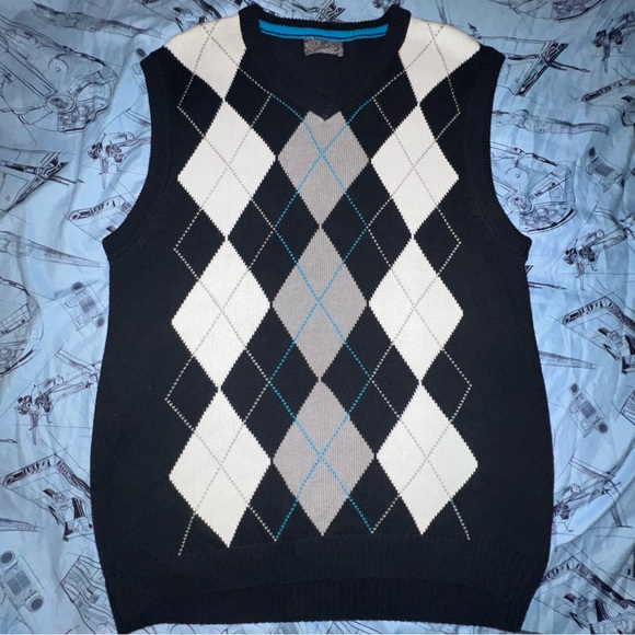 Men's XG V-Neck Argyle Sweater Vest - Black, White, Gray - Picture 1 of 8